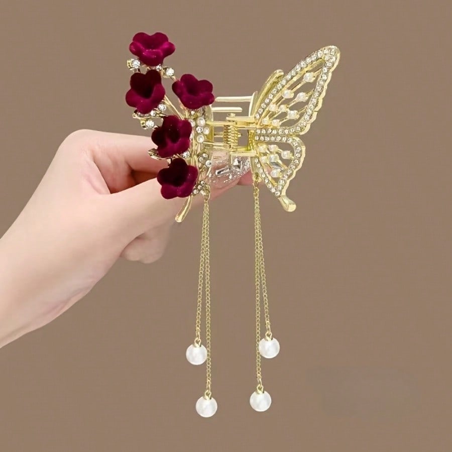Japanese Lighting Decor - Elegant Rose Butterfly Hairpin With Red