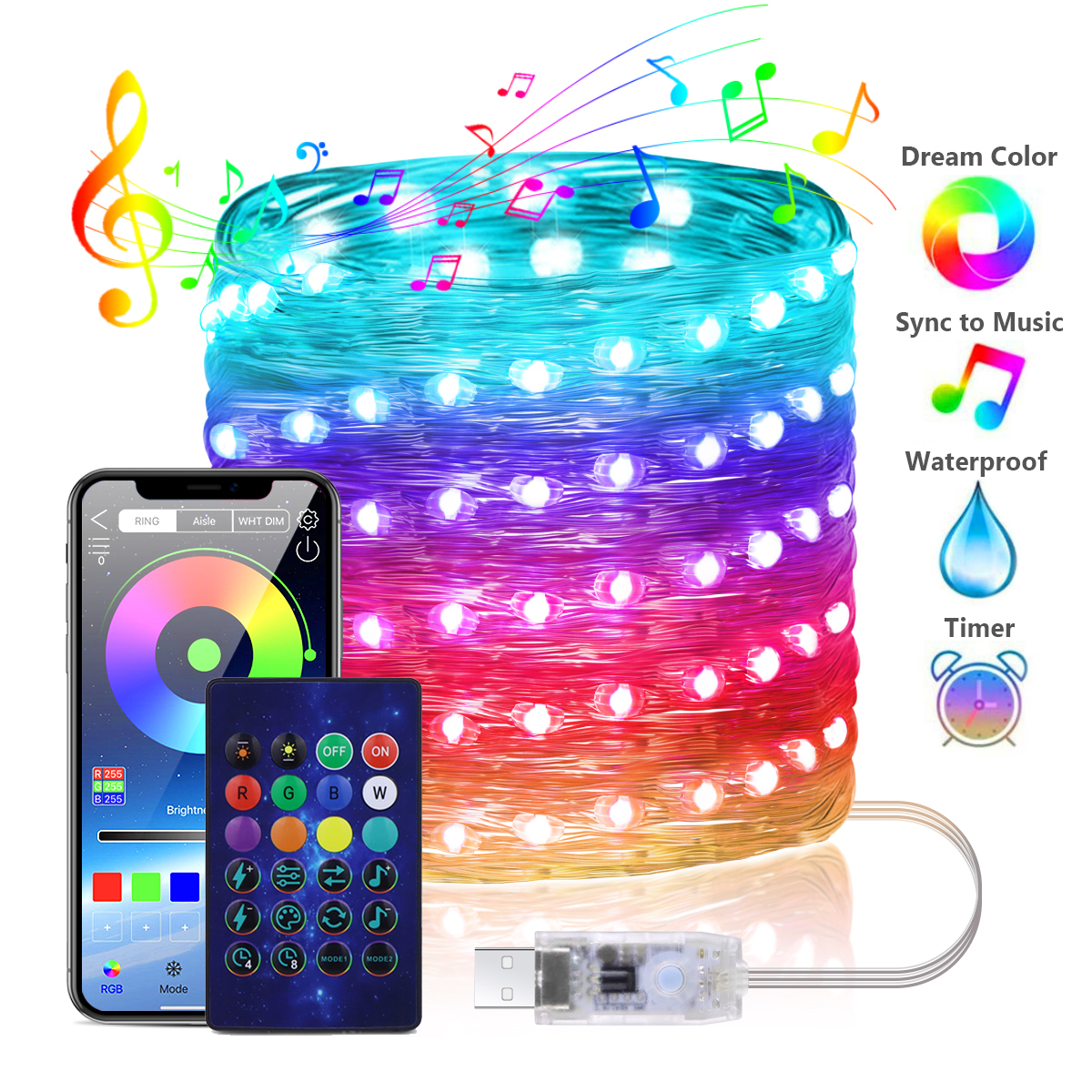 Fairy Light Curtain - WS2812B RGBIC LED String 20m 10m
